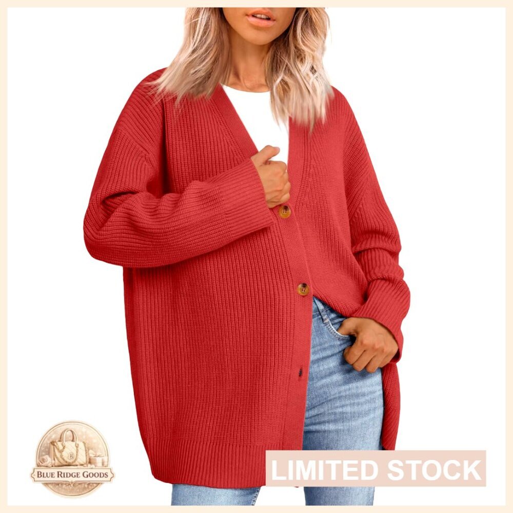 Oversized V Neck Cardigan Sweater Button Front Casual Top